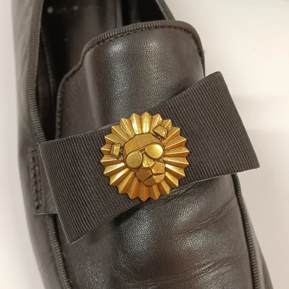 Michael Kors Rory Lion Head  Genuine Leather Loafer Black w Gold Size 7.5M